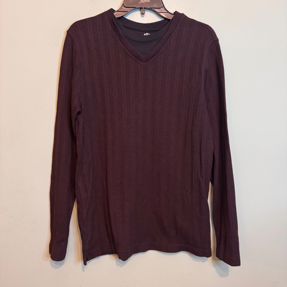 Covington Mens Small Burgundy Ribbed V-Neck Long Sleeve Shirt Double Layer Look